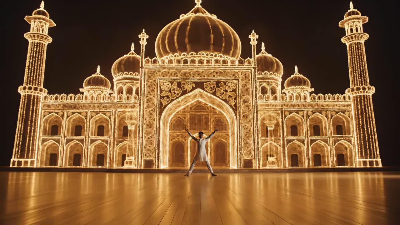 Man in front of a Taj Mahal light display