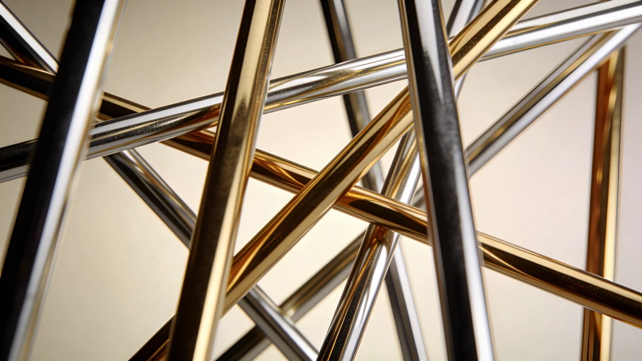 Camera pushing, showing metal rods in studio on warm beige, gold, silver highlights evolving
