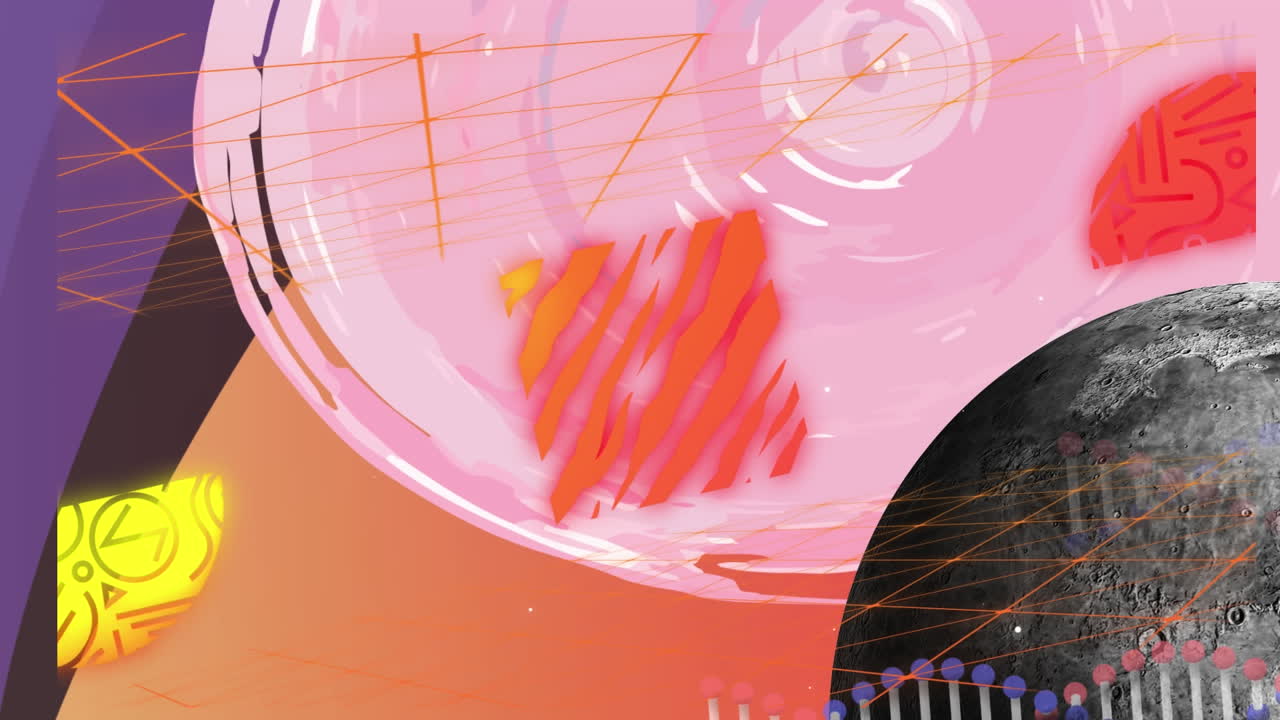 오렌지색 배경에 다채로운 모양의 애니메이션.