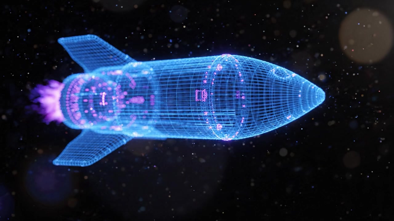 Futuristic Rocket Launch in Stunning Holographic Design with Glowing Effects, Showcase of Modern Technology and Engineering in a Dark Background Setting