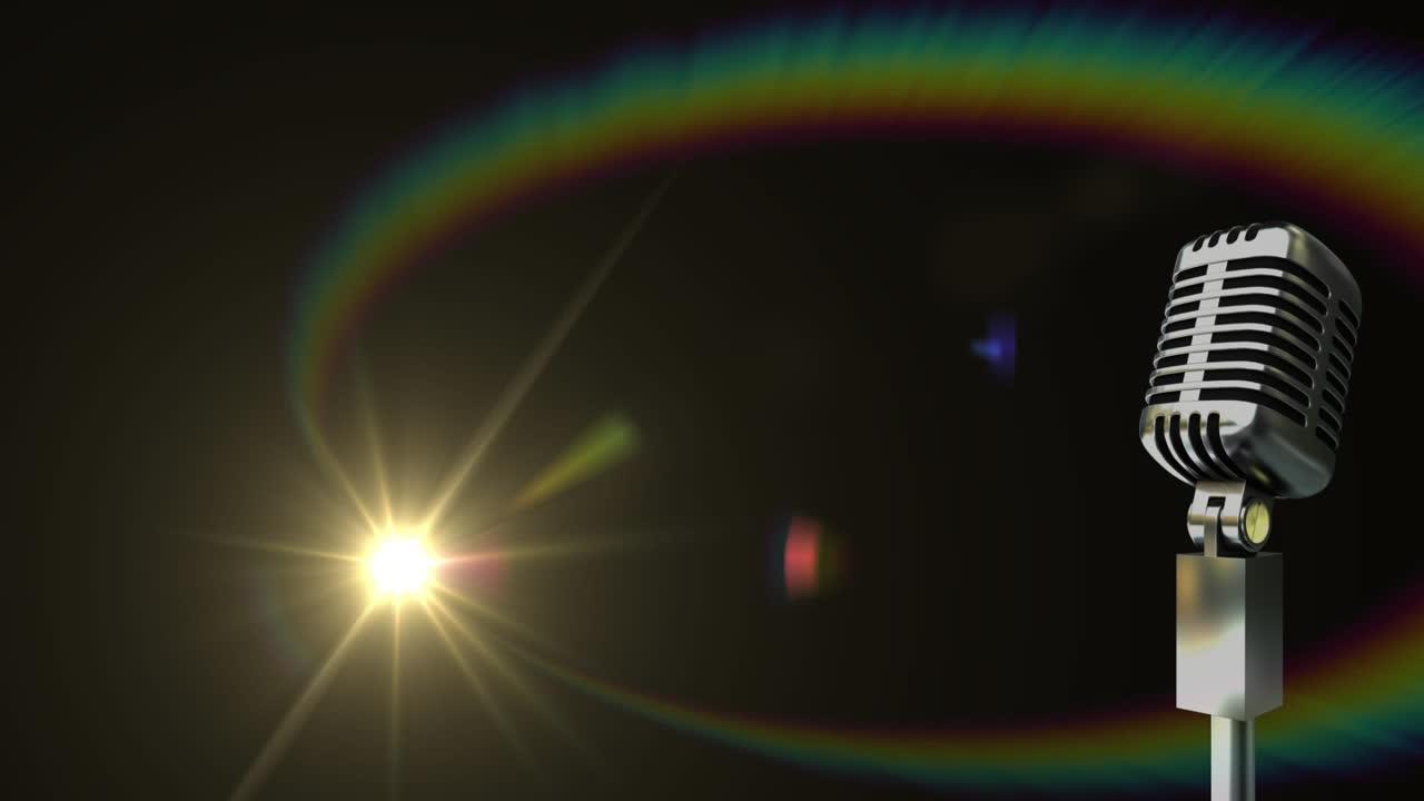 animación de luz y micrófono vintage sobre fondo negro