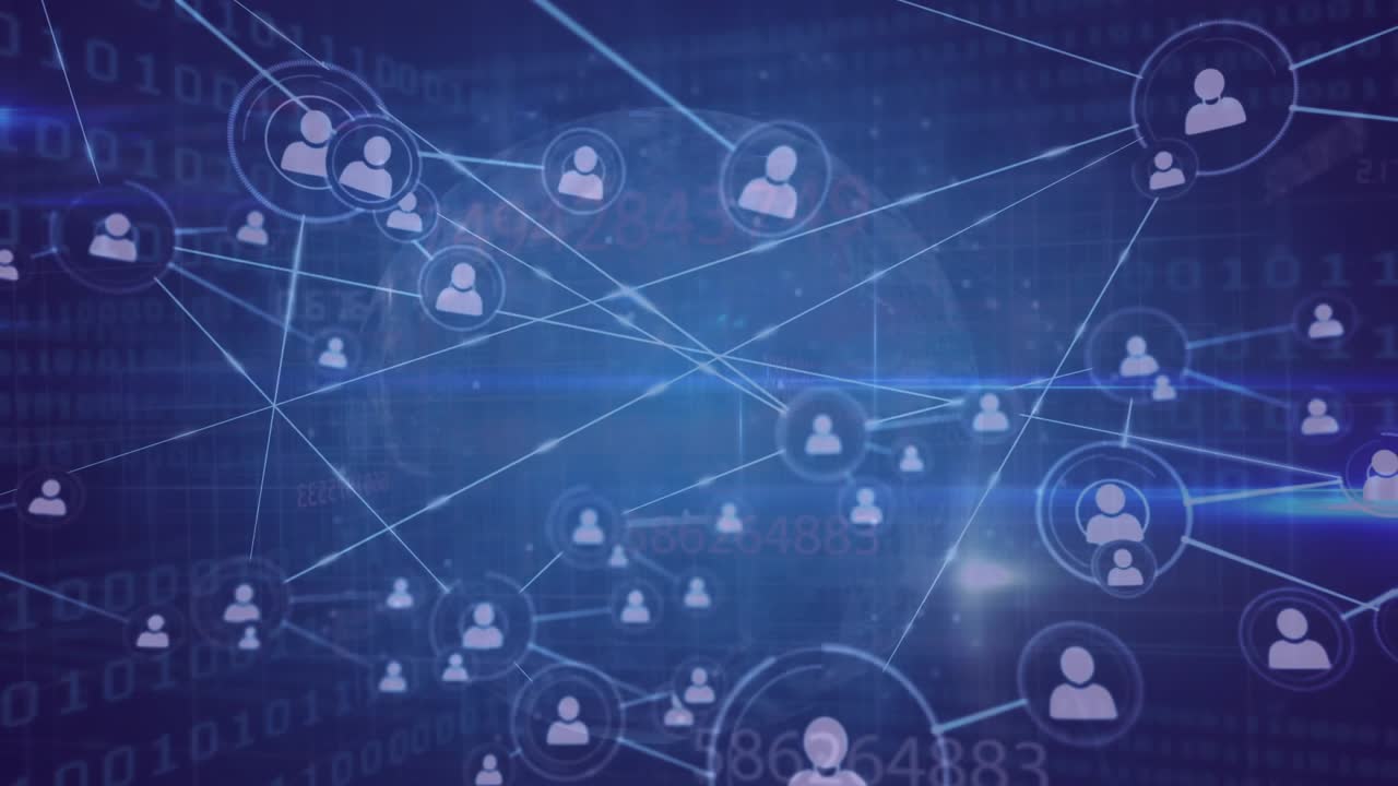 Floating user icon extending line and spawning network branches around globe amid scrolling code