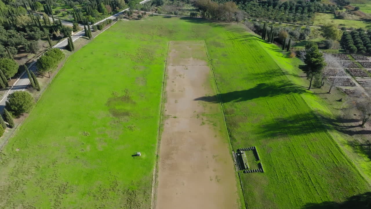 The ancient Olympia stadium and archaeological site, Elis, Peloponnese, Drone shot