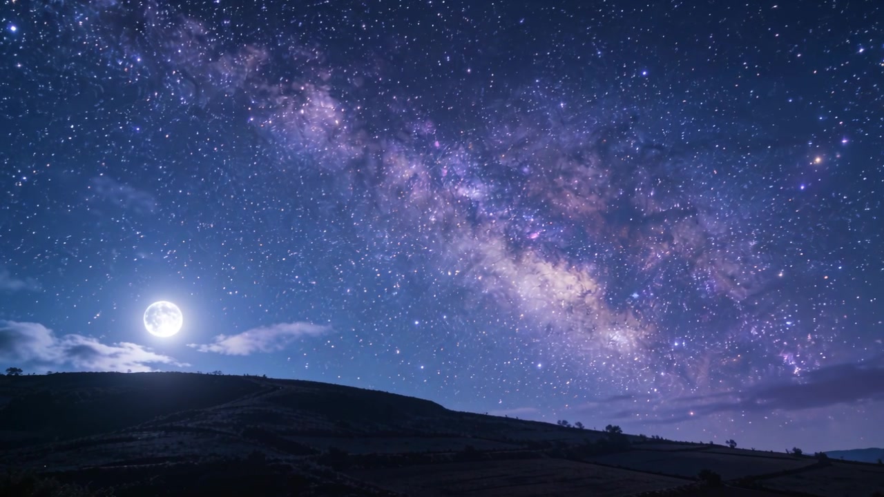 夜空を撮影すると、田園の丘陵地帯の上を移動する天の川が映し出され、月が雲を照らしている。