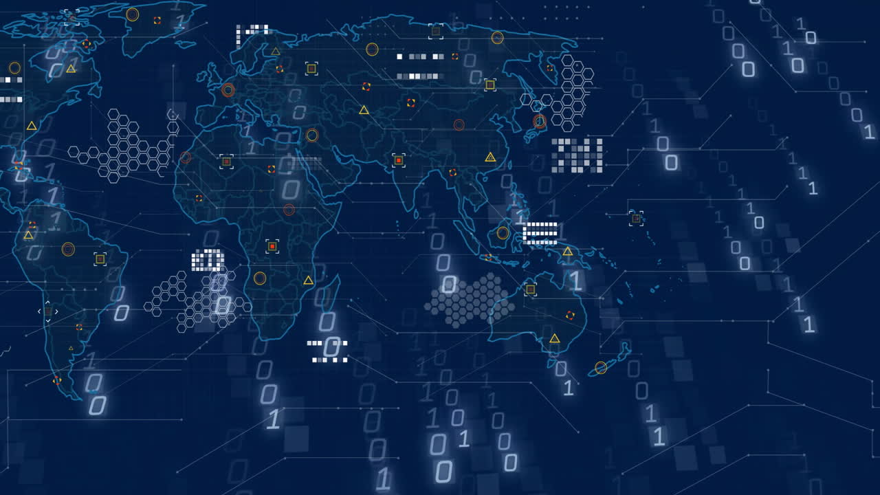 Cybersecurity 3D interface displaying world map, cascading binary digits, linking colored markers
