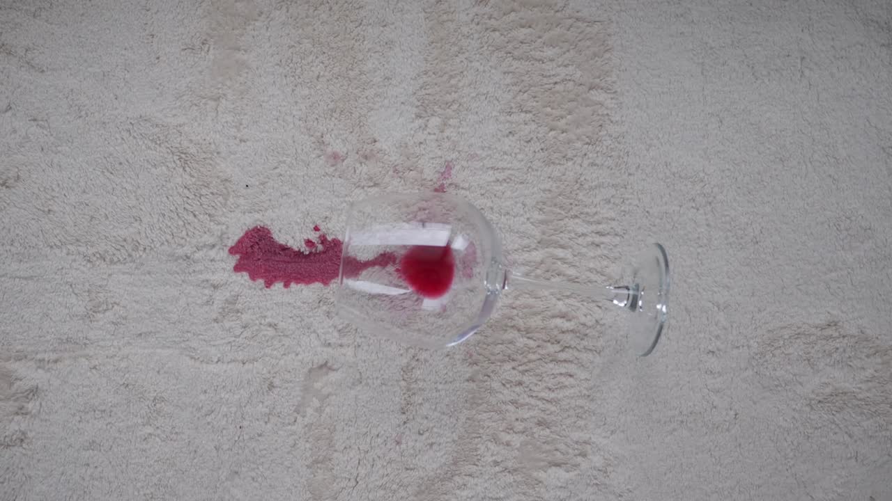 Vino tinto derramado de una copa sobre una alfombra blanca