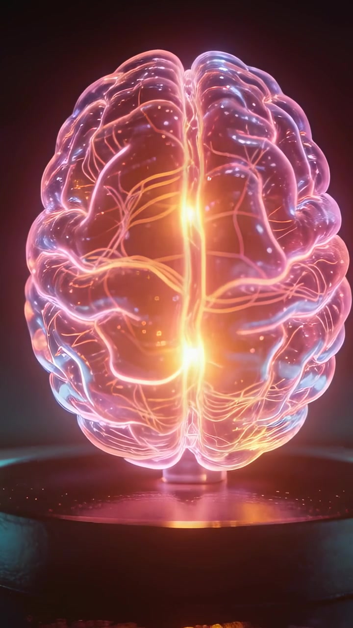 Video verticale: una scintilla sulla linea mediana attiva i percorsi di accensione dell'ologramma cerebrale su una base da laboratorio scura, mostrandone l'attività