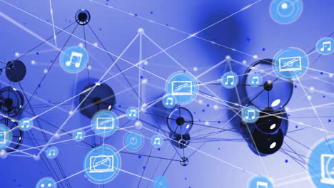 Music and technology icons connected by lines, network animation over blue background