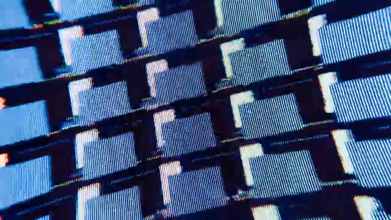 Blue 3D geometric pixel block structure on CRT screen, analog glitch macro close-up abstract.