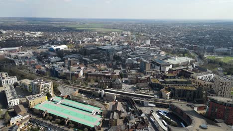 Chelmsford-Essex-UK-Aerial-footage-train-over-viaduct