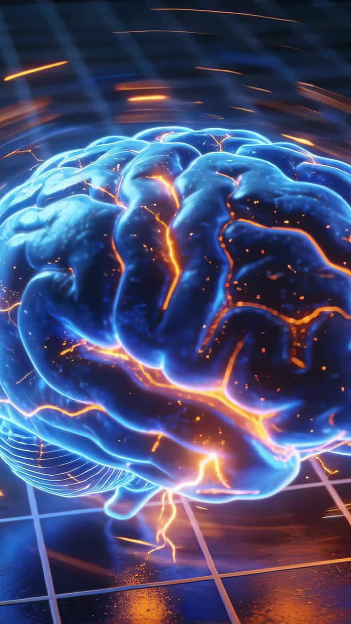 Vertical video: Powering up 3D brain model pulsing orange arcs above tiled grid, emitting sparks