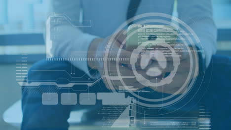 animación del procesamiento de datos financieros sobre un hombre caucásico que usa un teléfono inteligente