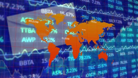 animación del procesamiento de datos financieros y mapa del mundo sobre fondo azul.