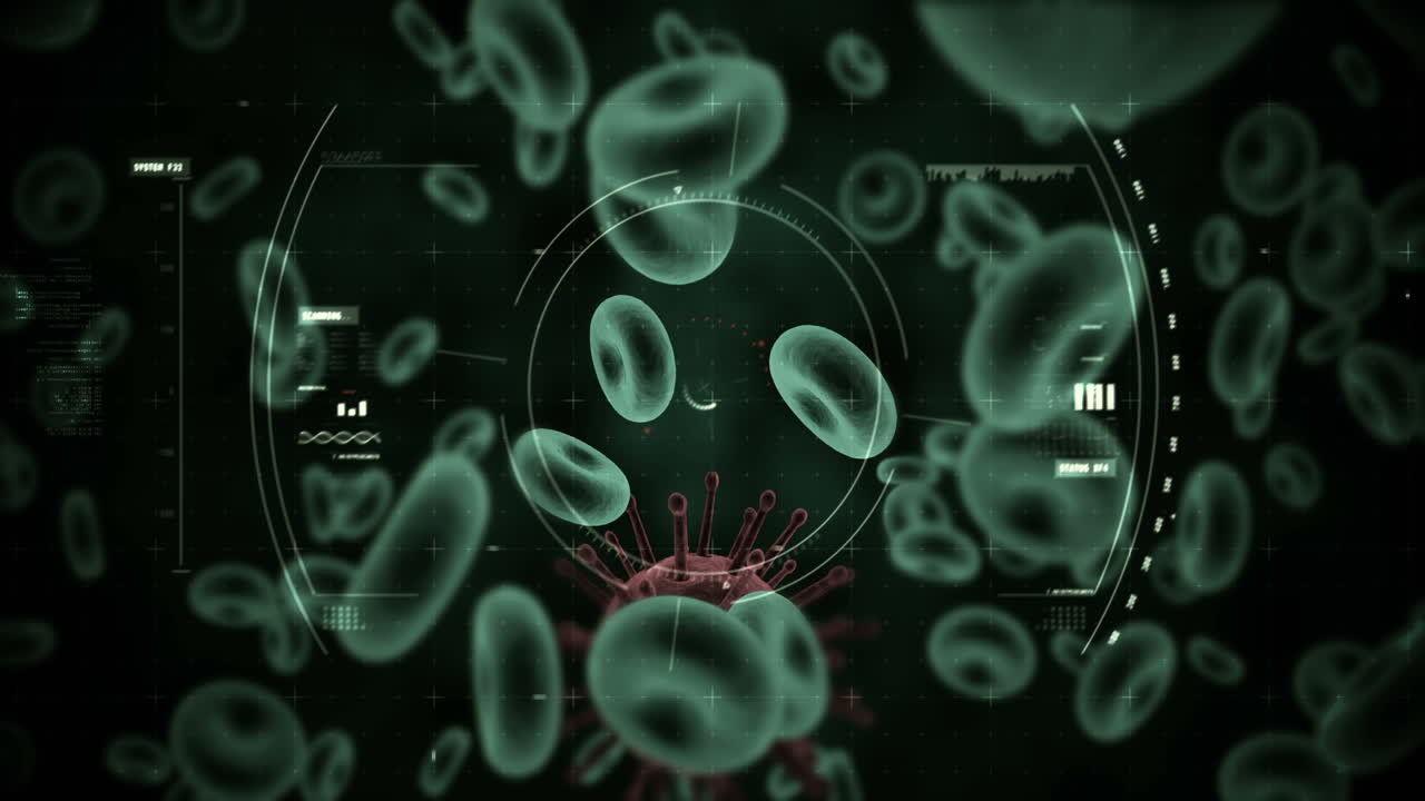 células virales generadas digitalmente y glóbulos rojos contra un fondo negro