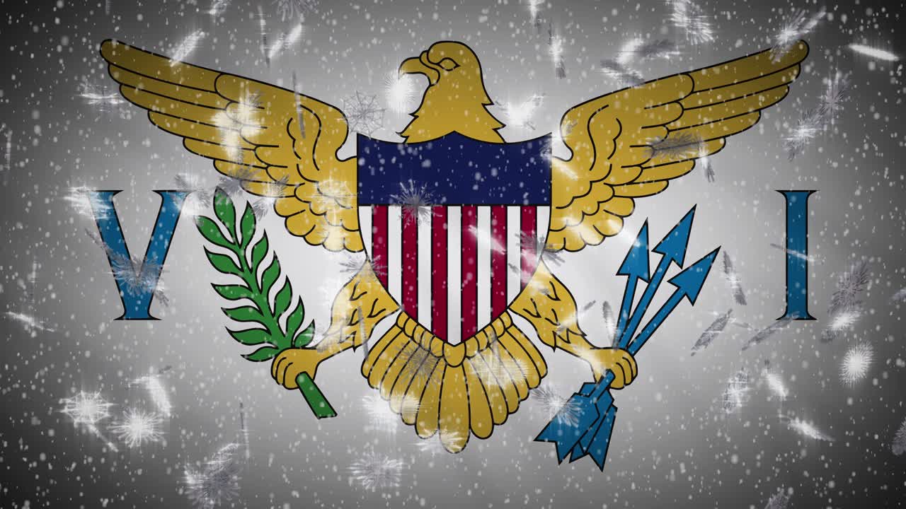 Virgin Islands US flag falling snow loopable, New Year and Christmas background, loop