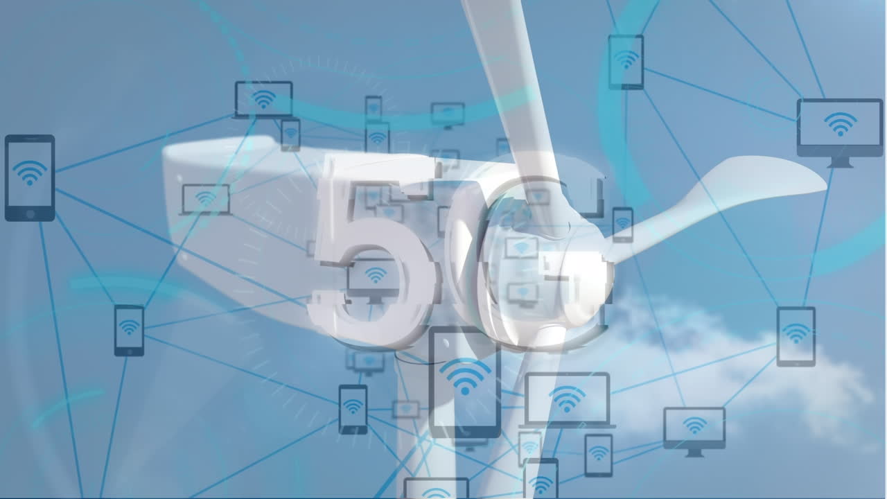 animación de texto 5g y red de iconos digitales sobre molino de viento giratorio contra el cielo azul