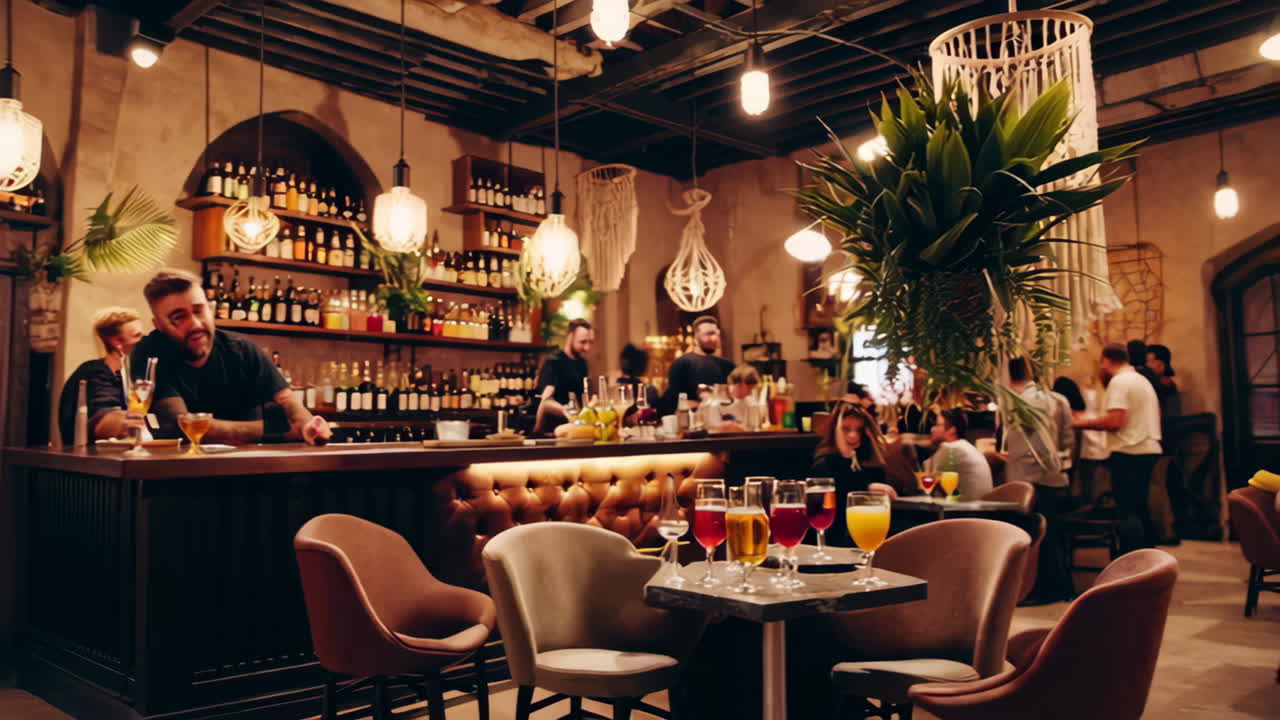 People socializing and enjoying drinks at a lively bar or restaurant