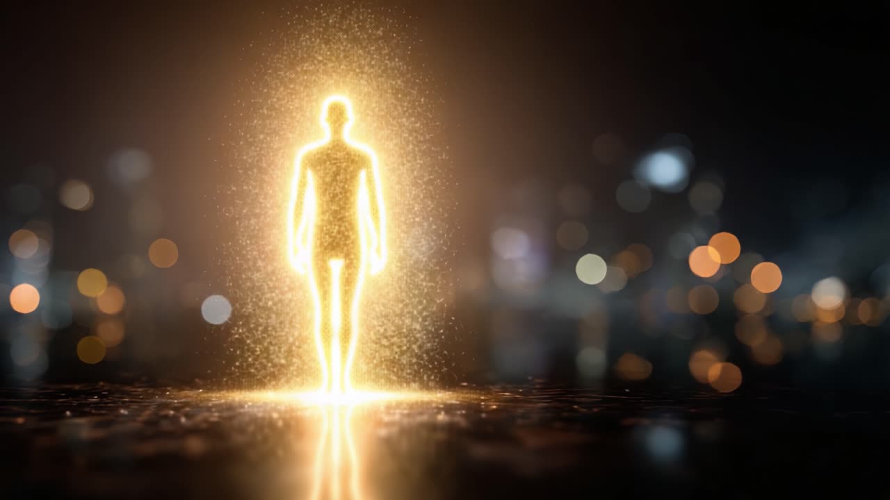 A radiant figure emerges from a luminous mist, surrounded by ethereal sparkles and soft bokeh lights, symbolizing transformation and enlightenment in a mystical environment