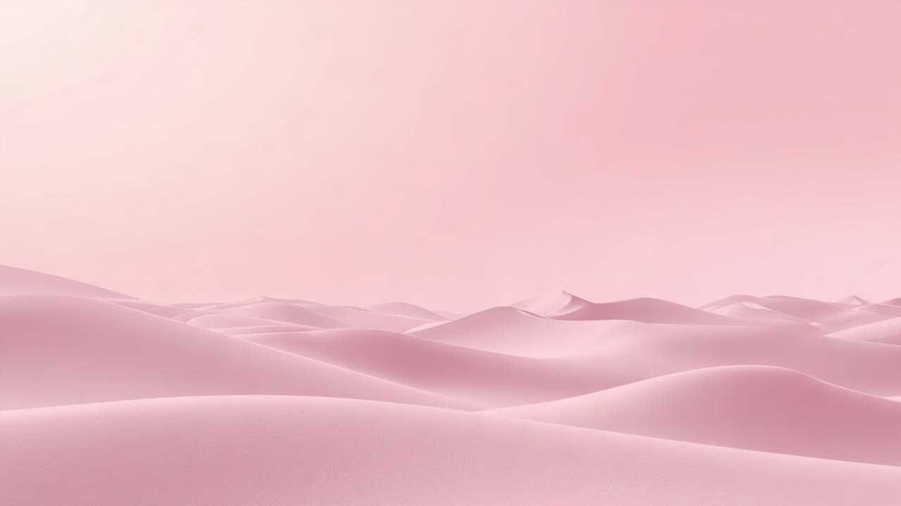 Startar med vänster glöd som flyttar kameran över rosa sanddyner, avlägsen ås under blekrosa himmel, skiftande ljus