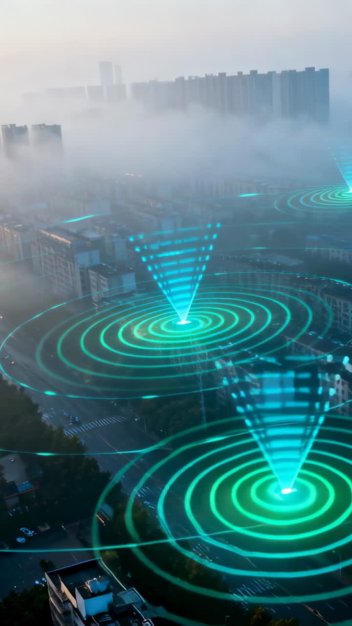 Video verticale: Inizio di un ciclo, con un indicatore pulsante a forma di anello-cono color verde acqua che sale sopra le strade, segnalando percorsi.