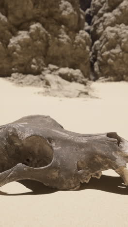 a lone animal skull lies in a desert landscape