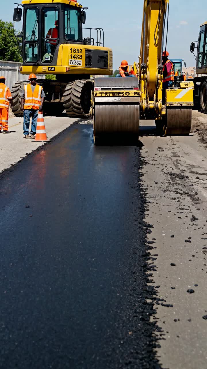 Low-angle shot of road construction with workers and machinery laying asphalt, capturing the dynamic