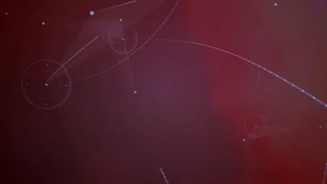 Animation-of-network-of-connections-and-glowing-light-spot-against-red-background