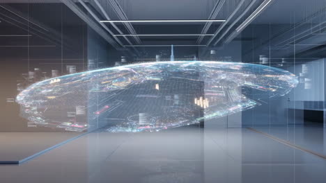 futuristic city hologram in a modern office