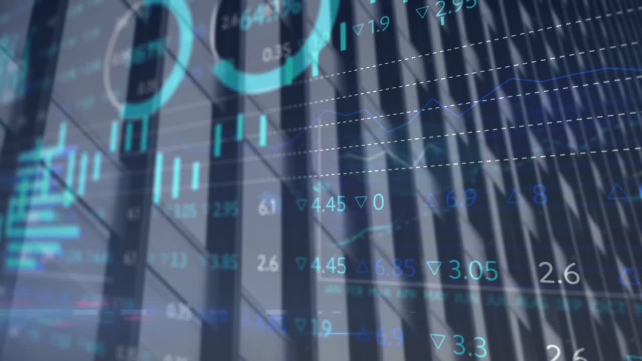 animación del procesamiento de datos estadísticos y del mercado de valores contra edificios altos