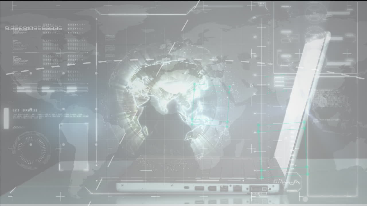 Interface with spinning globe and data processing against hands of a person using laptop