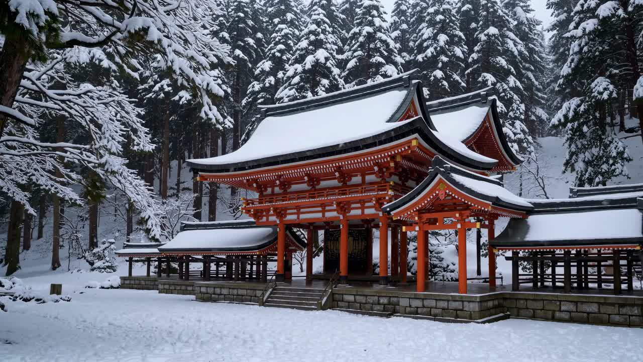 A serene winter scene of a traditional Japanese temple covered in snow, captured from a low angle