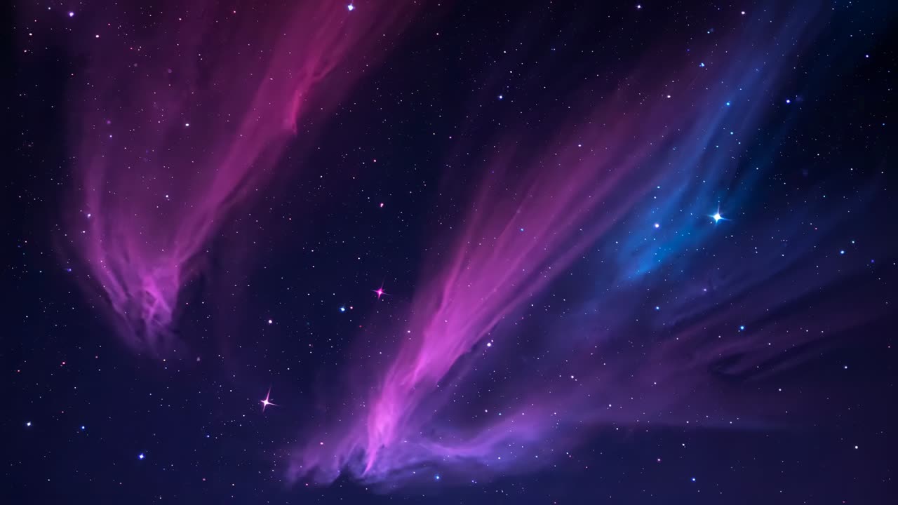 Advancing frames showing magenta-to-blue auroral curtains flowing across polar sky, stars