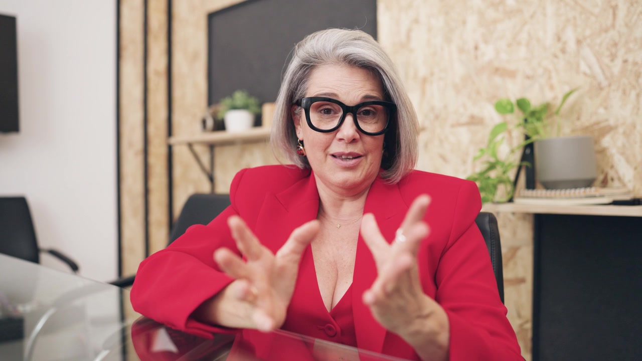 Donna d'affari matura che parla e gesticola durante una riunione professionale