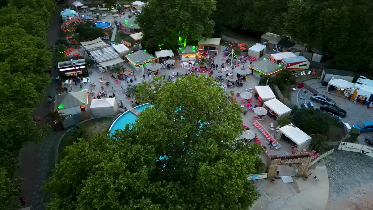 4K Aerial Drone Video of City-Beach along the Pegnitz River in Downtown Nurnberg, Germany