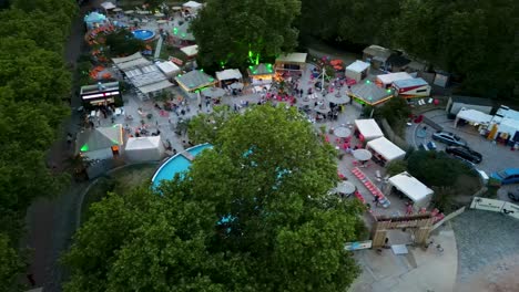4k aerial drone video of city-beach along the pegnitz river in downtown nurnberg, germany