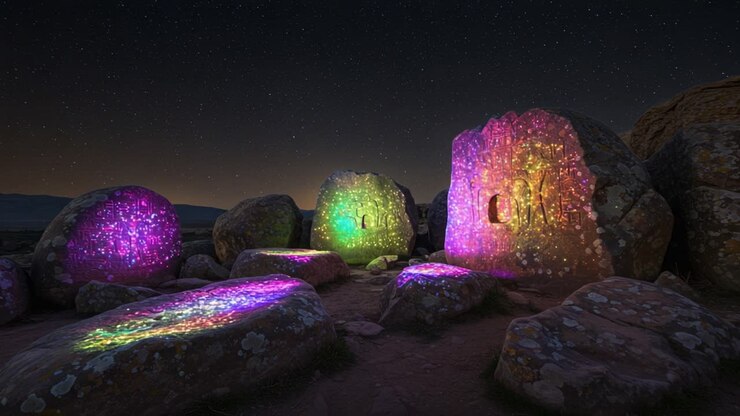 Stunning Nighttime Illumination of Ancient Rocks: A Mesmerizing Display of Colorful Light Patterns Against a Starry Sky