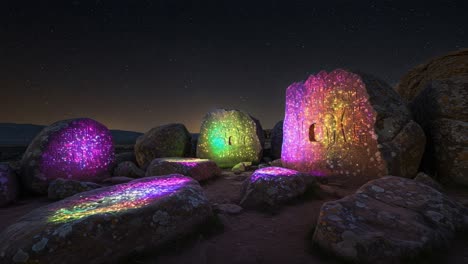 stunning nighttime illumination of ancient rocks: a mesmerizing display of colorful light patterns against a starry sky