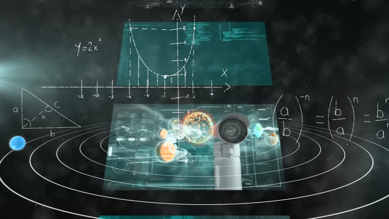 방정식과 태양계에 대한 데이터 처리와 함께 화면의 애니메이션