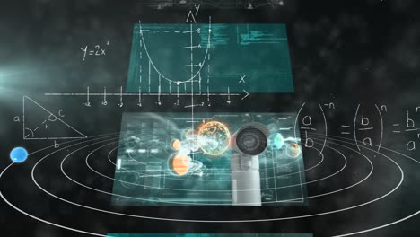 animation of screens with data processing over equations and solar system