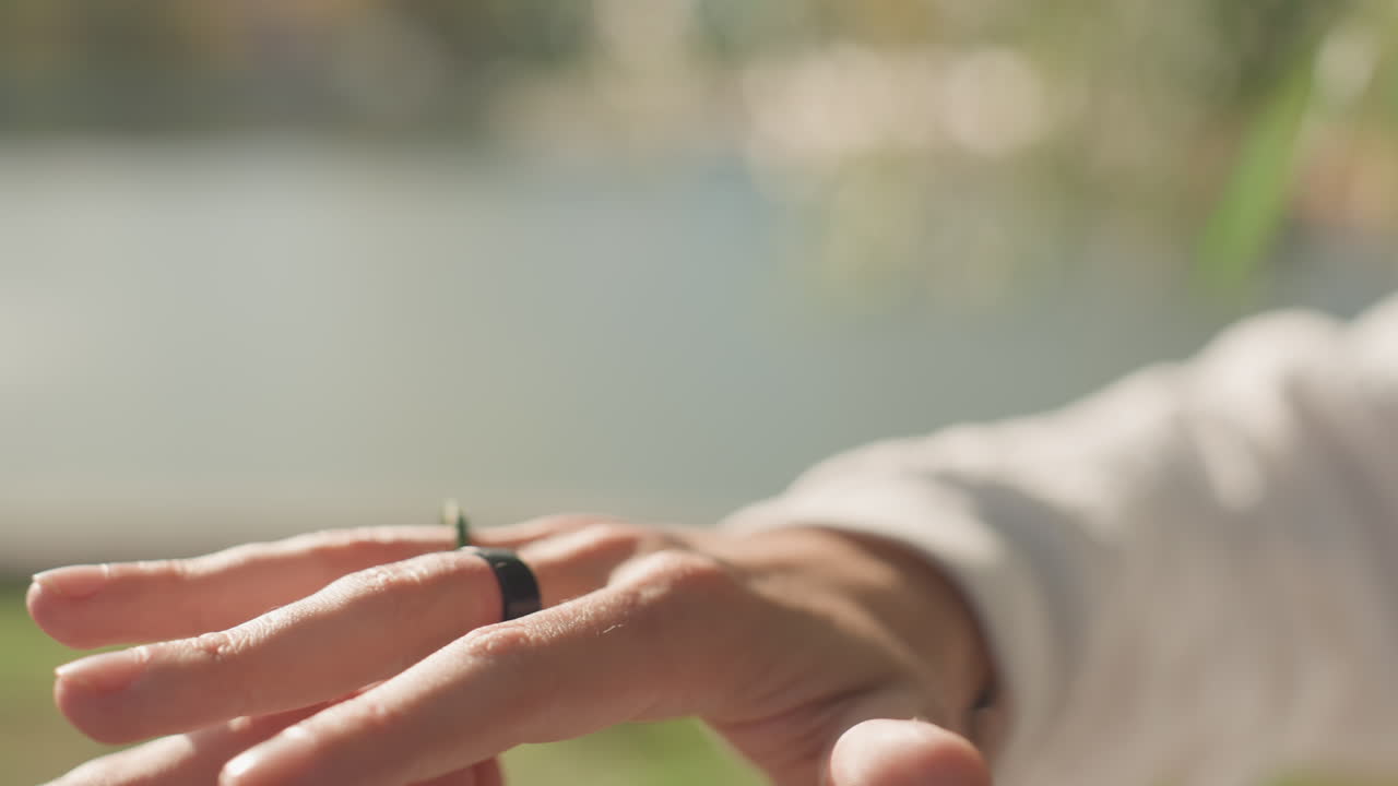Mano con anello nuziale che riceve un piccolo ramoscello, tenero scambio sulla riva del lago con luce solare soffusa e sfondo sfocato, delicato ramoscello verde posato sul polpastrello come simbolo di promessa e speranza.