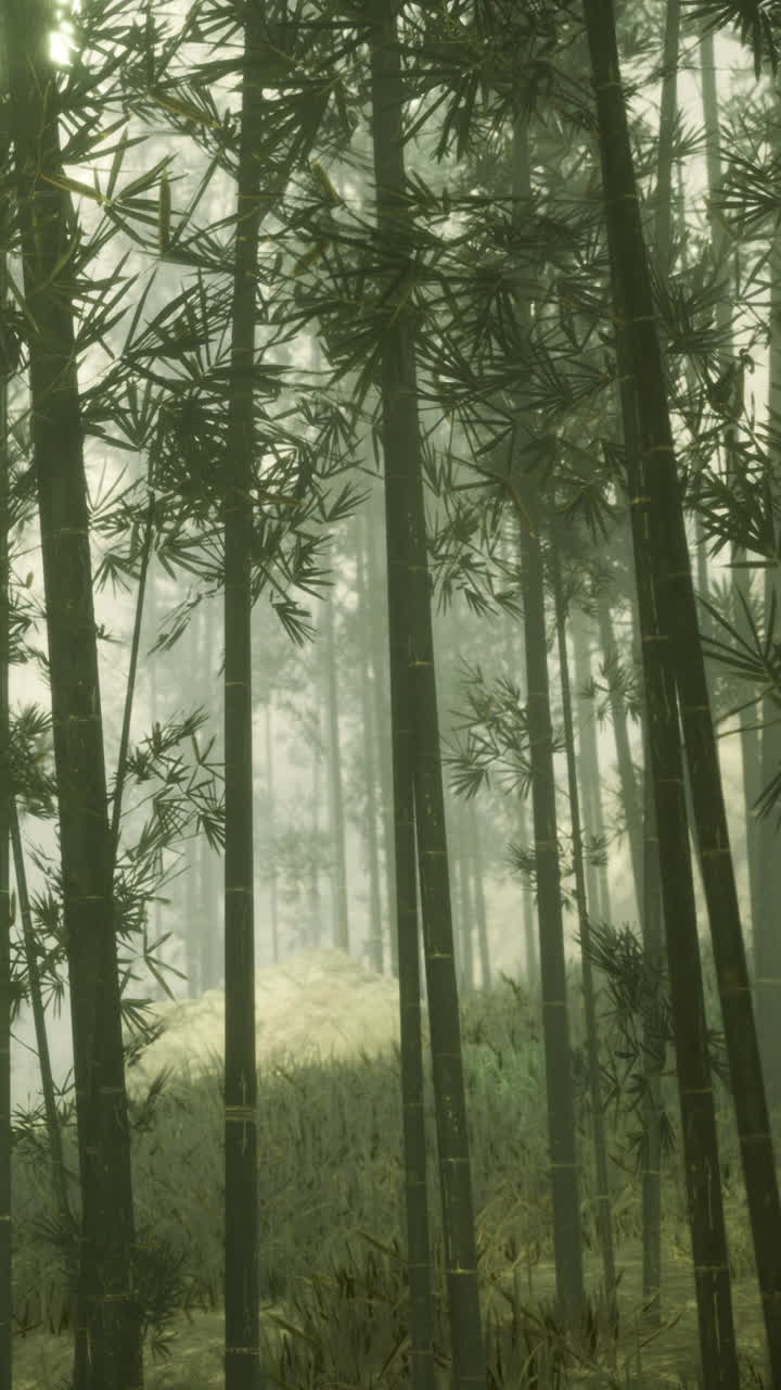 Foresta di bambù con nebbia e luce soffusa nelle prime ore del mattino