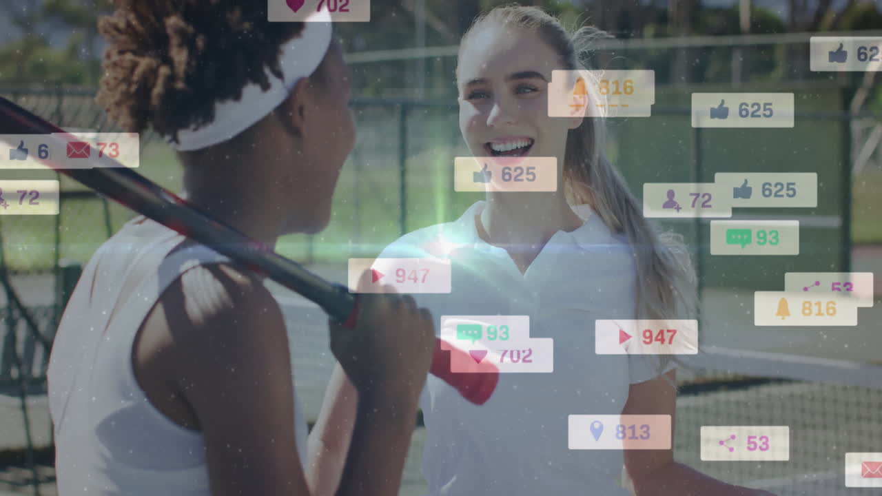 Two women tennis players chatting courtside, showcasing floating social media marketing icons