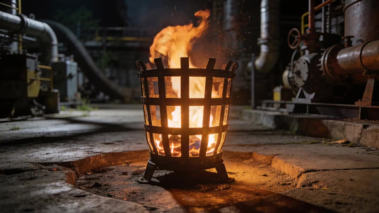 Brændende brændsel i en metalbålkurv får flammer til at flimre og stige i en industriel grube, med røg.