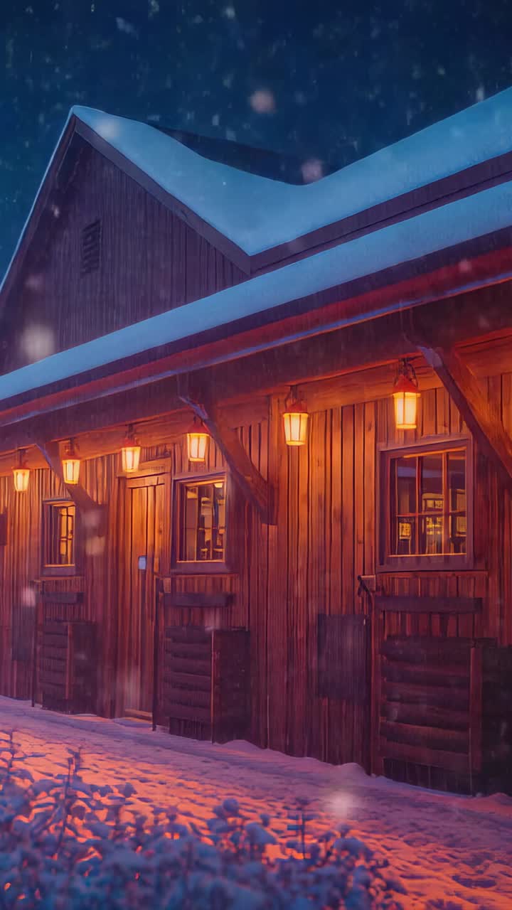 Vertical video: Shifting camera revealing wooden cabin facade at night to show lanterns, snowy roof