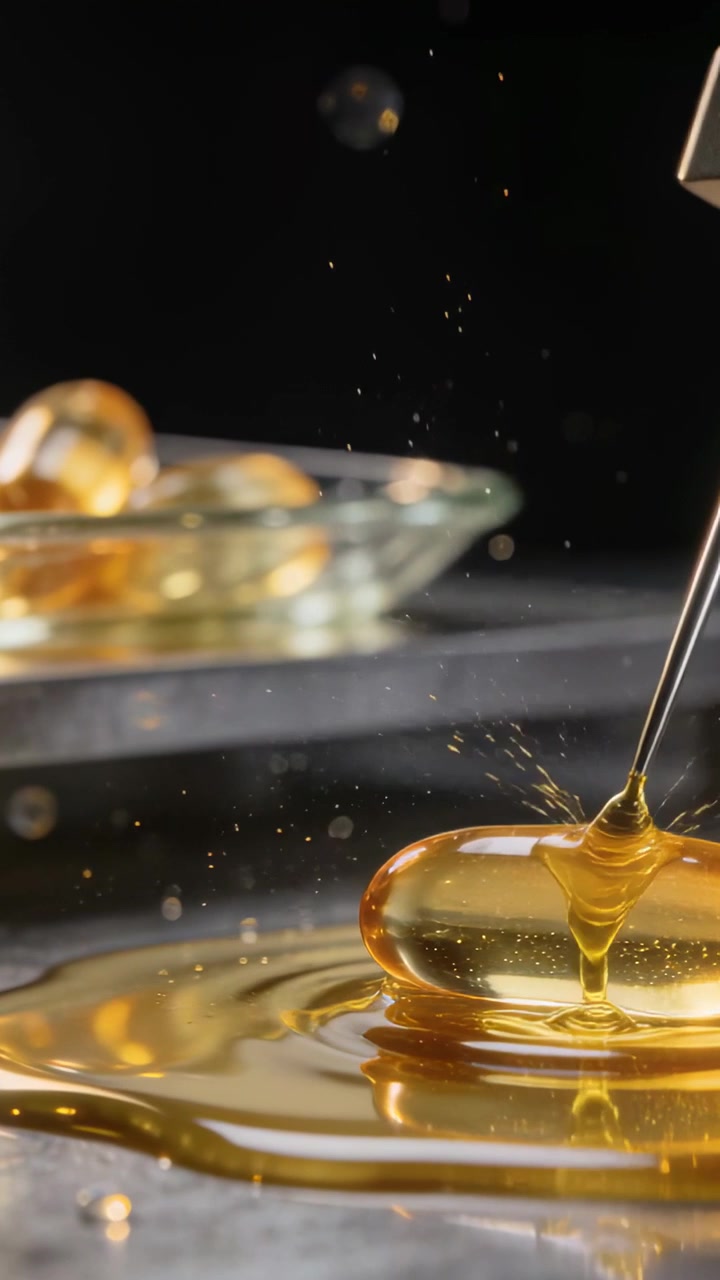 Video verticale: rilascio dell'ugello che versa liquido dorato su un piano lucido, formando una pozza a cupola