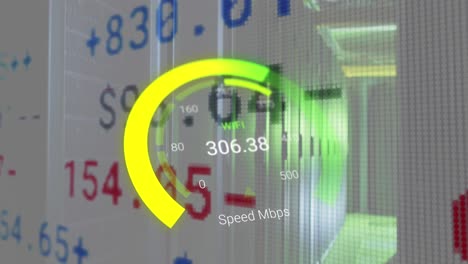 animation of data processing and server room over speedometer