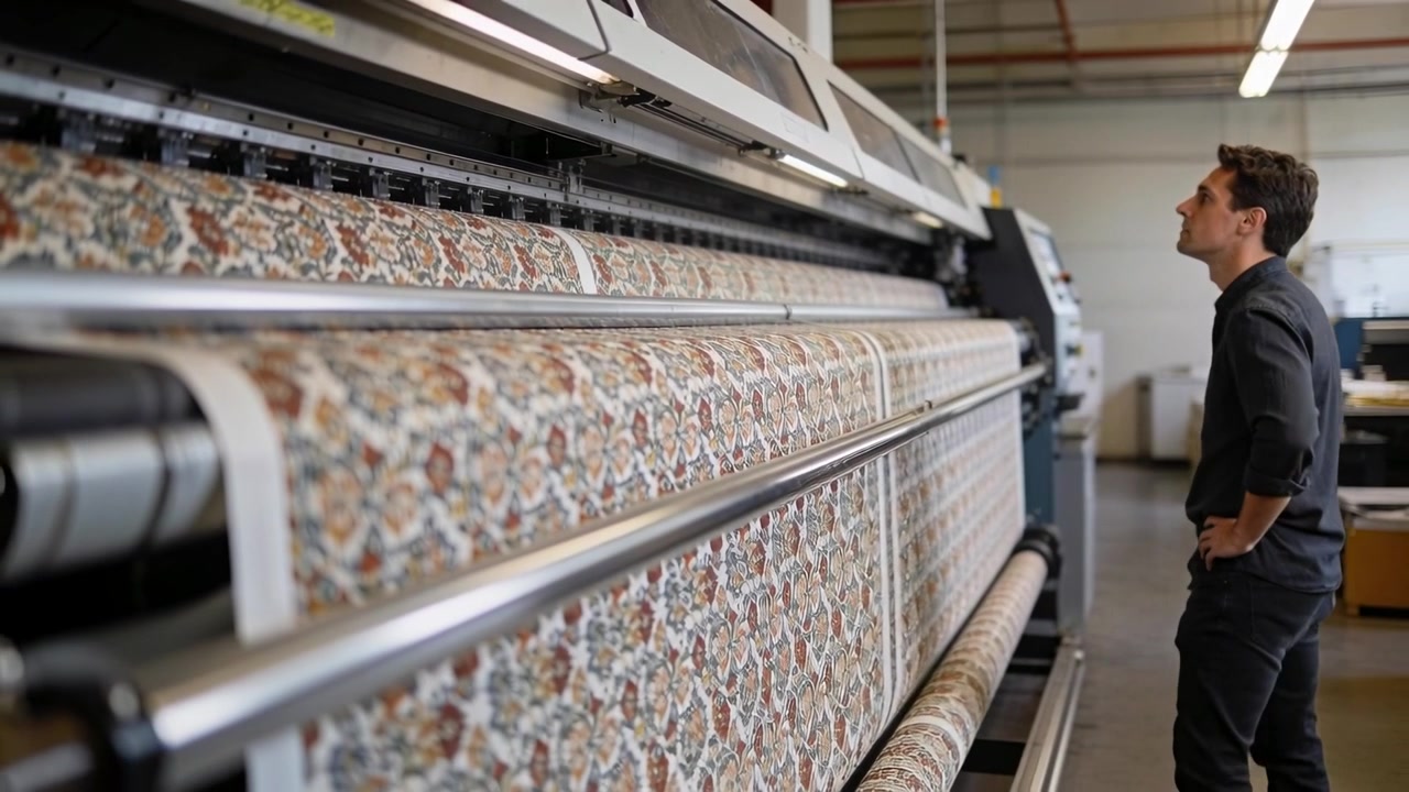 Scanning operator monitoring press feeding fabric for alignment in plant in dark shirt, copy space
