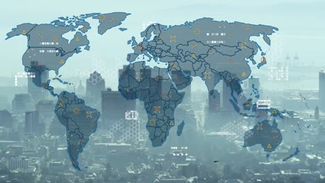 Animation-of-world-map-against-aerial-view-of-cityscape