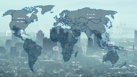 animation of world map against aerial view of cityscape