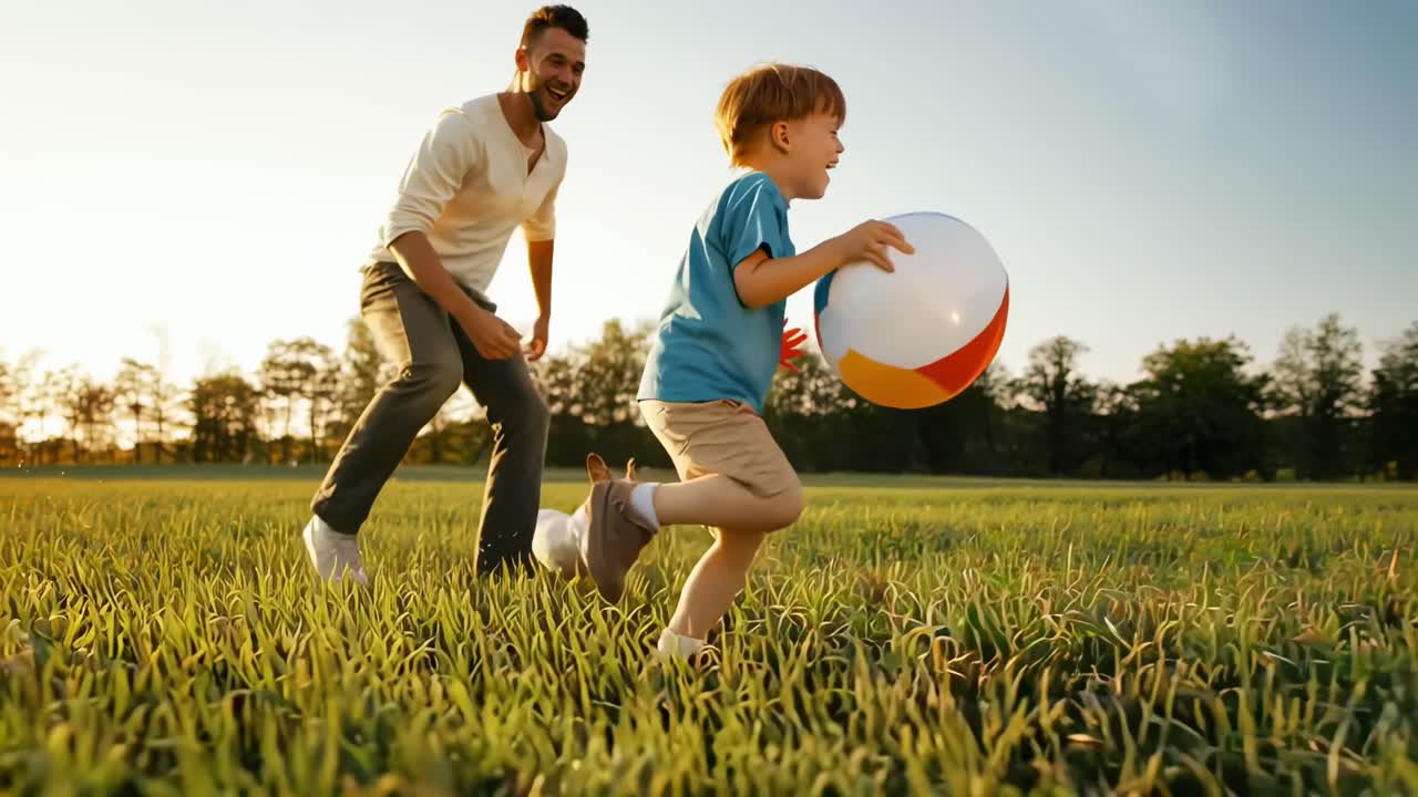 Una alegre escena de video de un padre y un hijo jugando con una pelota en un campo, capturada desde un ángulo bajo.